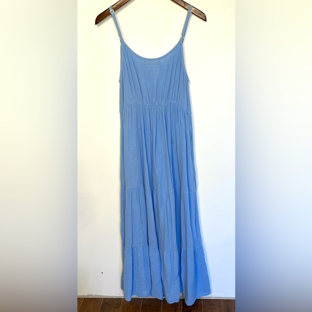 Xirena Ali tiered midi dress, blue gauzy cotton, adjustable straps, sleeveless L - Picture 7 of 7